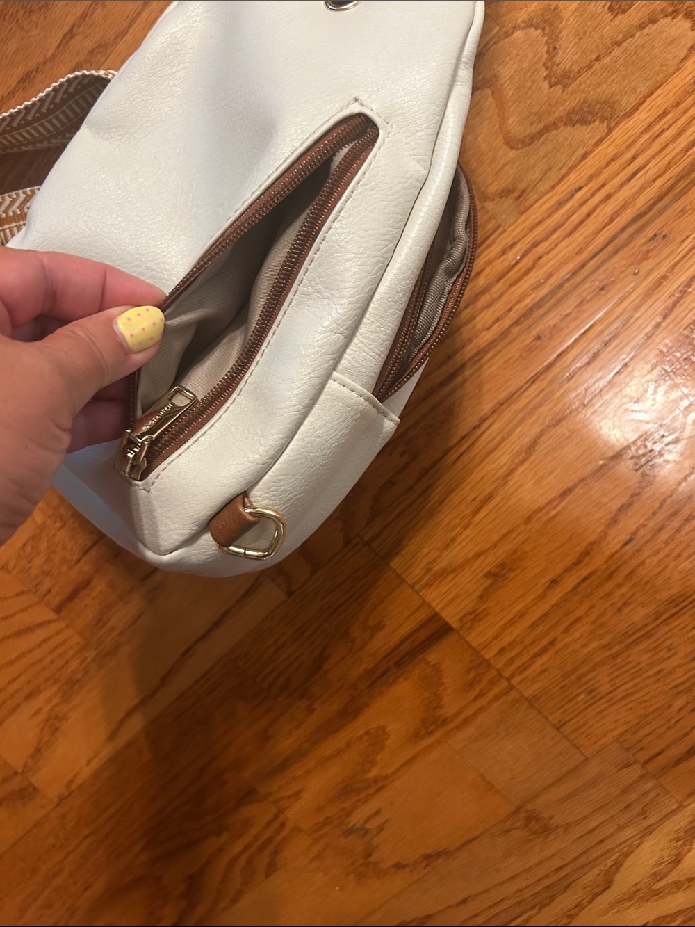 Cream Crossbody Sling Bag with Brown Trim - Women's Crossbody - Picture 4 of 5